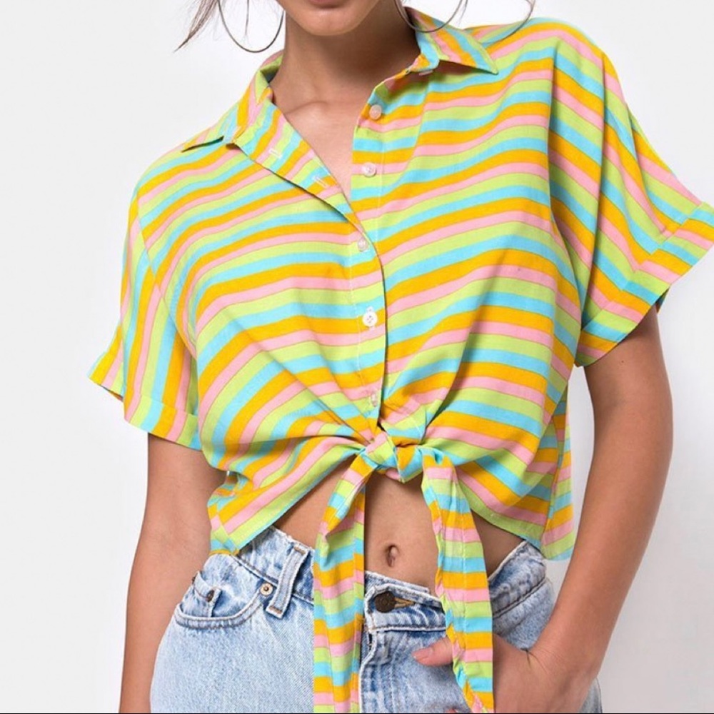 Motel pastel stripe tie button down crop-top